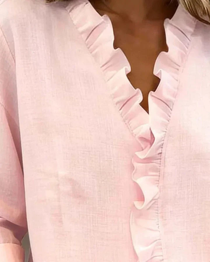Indi | Blouse with Ruffles, V-Neck and Long Sleeves